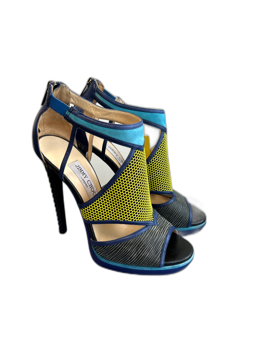 Jimmy Choo Shoe Size 41 Blue Yellow & Multi Leather open toe Back Zip Heels Blue Yellow & Multi / 41