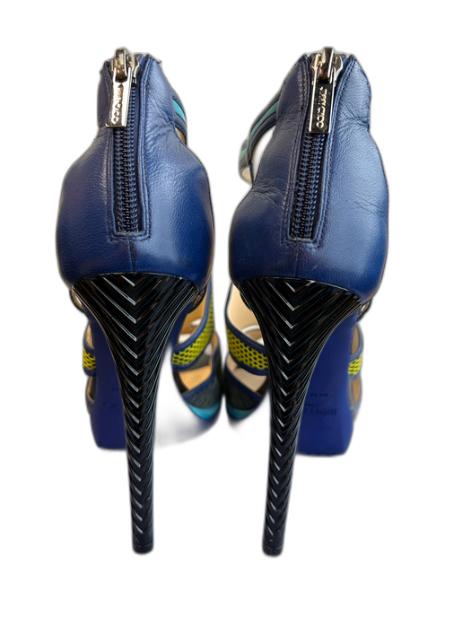 Jimmy Choo Shoe Size 41 Blue Yellow & Multi Leather open toe Back Zip Heels Blue Yellow & Multi / 41