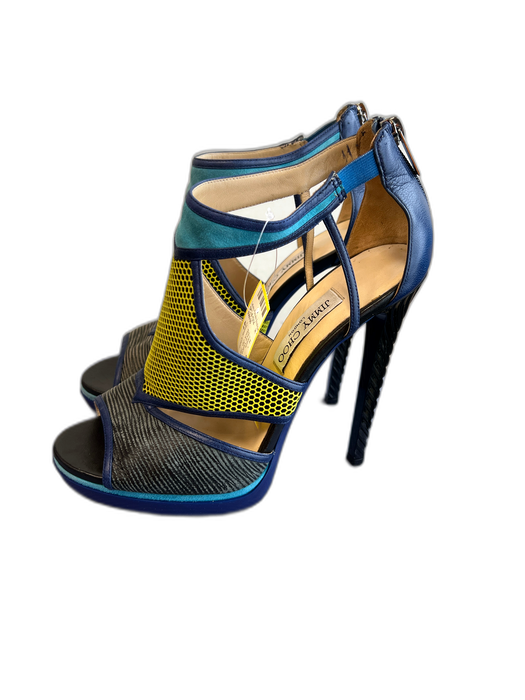 Jimmy Choo Shoe Size 41 Blue Yellow & Multi Leather open toe Back Zip Heels Blue Yellow & Multi / 41