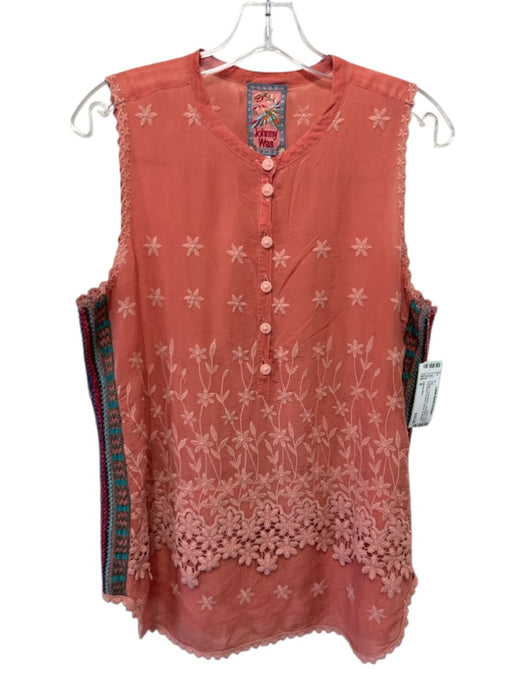 Johnny Was Size S Orange Cupra Rayon Sleeveless Floral Embroidery Buttons Top Orange / S