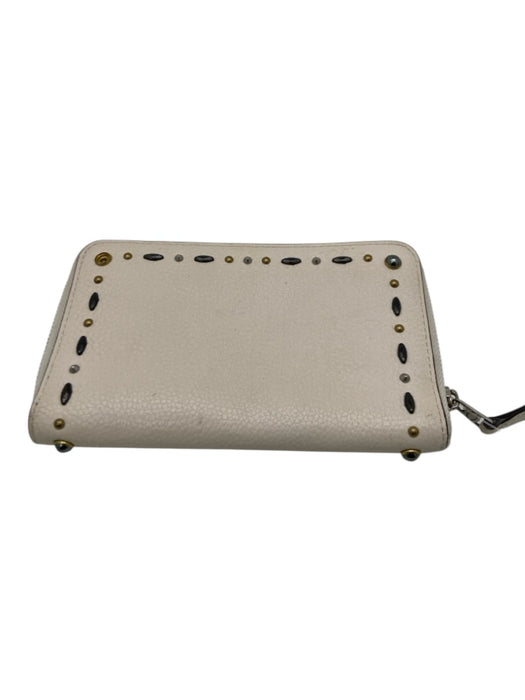 Coach Cream White Leather Mixed Metal Studs Zip Close Continental Wallets Cream White