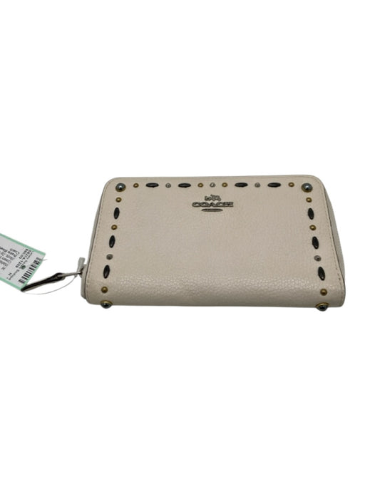 Coach Cream White Leather Mixed Metal Studs Zip Close Continental Wallets Cream White