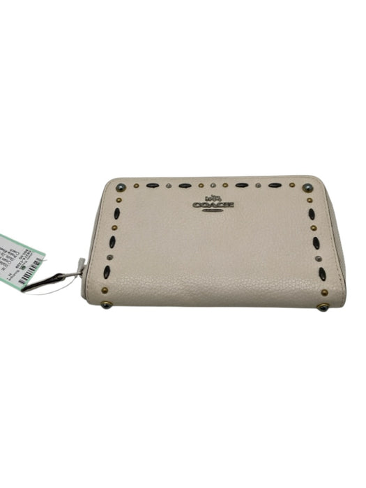 Coach Cream White Leather Mixed Metal Studs Zip Close Continental Wallets Cream White