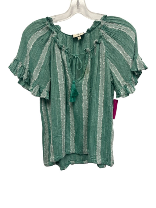 Tuckernuck Size S Green & White Rayon & Cotton Short Puff Sleeve Textured Top Green & White / S