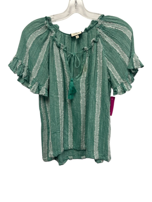 Tuckernuck Size S Green & White Rayon & Cotton Short Puff Sleeve Textured Top Green & White / S