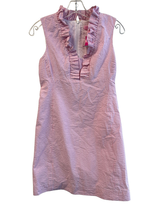 Lilly Pulitzer Size 0 Pink & White Cotton Seersucker Ruffle V Neck Stripe Dress Pink & White / 0
