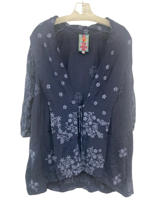 Johnny Was Size XS Navy Blue Rayon Floral Embroidered 3/4 Sleeve Tie Front Robe Navy Blue / XS