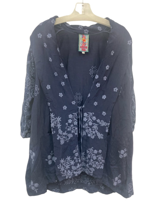 Johnny Was Size XS Navy Blue Rayon Floral Embroidered 3/4 Sleeve Tie Front Robe Navy Blue / XS