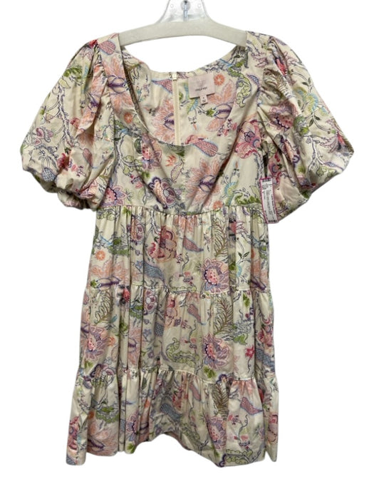 Cinq a Sept Size 0 Cream & Multi Cotton Blend Floral Paisley U Neck Dress Cream & Multi / 0