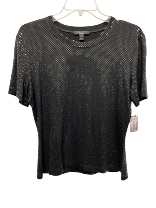 St. John Caviar Size M Black Viscose Blend Short Sleeve Sequined Shimmer Top Black / M