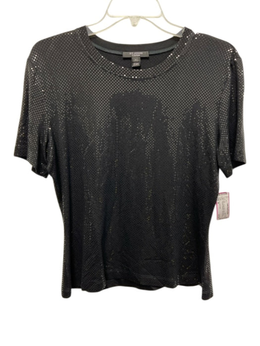 St. John Caviar Size M Black Viscose Blend Short Sleeve Sequined Shimmer Top Black / M