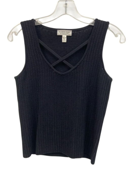 St. John Sport Size P Black Wool Blend Knit Sleeveless Criss Cross Detail Top Black / P