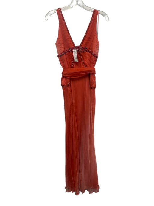 Alberto Makali Size 4 Coral Pink Silk Beaded Double V Sleeveless Sash Gown Coral Pink / 4