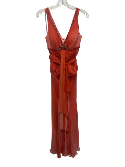 Alberto Makali Size 4 Coral Pink Silk Beaded Double V Sleeveless Sash Gown Coral Pink / 4
