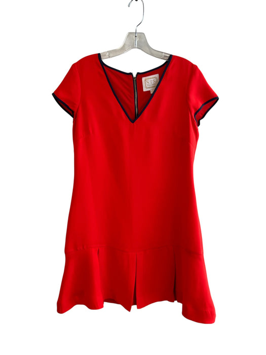 STS Size 6 Red Polyester Short Sleeve V Neck Back Zip Pleated Hem Dress Red / 6