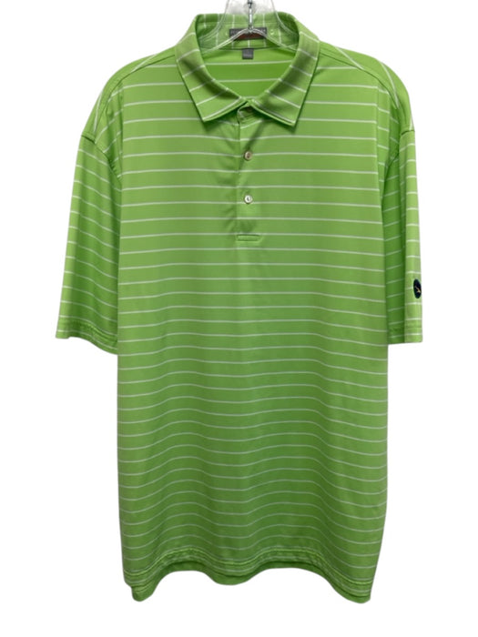 Peter Millar Size L Green & White Synthetic Striped Polo Athleisure Short Sleeve Green & White / L