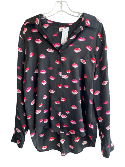 L'agence Size L Black & Pink Silk Collared Button Up Long Sleeve Lips Top Black & Pink / L
