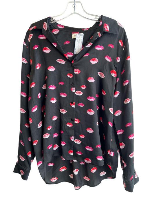 L'agence Size L Black & Pink Silk Collared Button Up Long Sleeve Lips Top Black & Pink / L