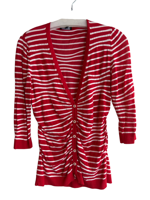 Lafayette 148 Size S Red & White Cotton Blend V Neck Button Down 1/2 sleeve Top Red & White / S