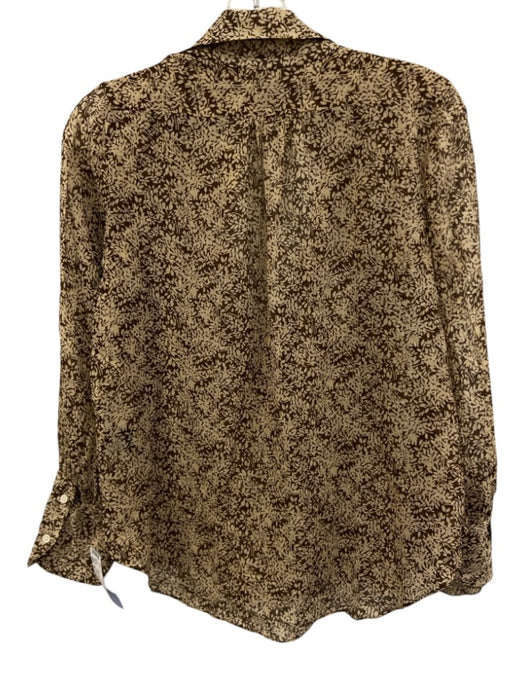 Nili Lotan Size M Tan & Brown Silk Semi Sheer V Neck Collar Long Sleeve Top Tan & Brown / M