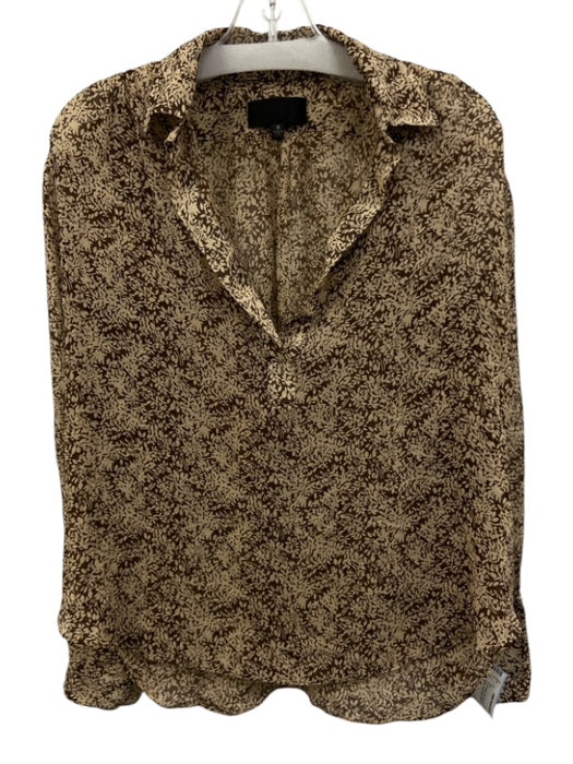 Nili Lotan Size M Tan & Brown Silk Semi Sheer V Neck Collar Long Sleeve Top Tan & Brown / M