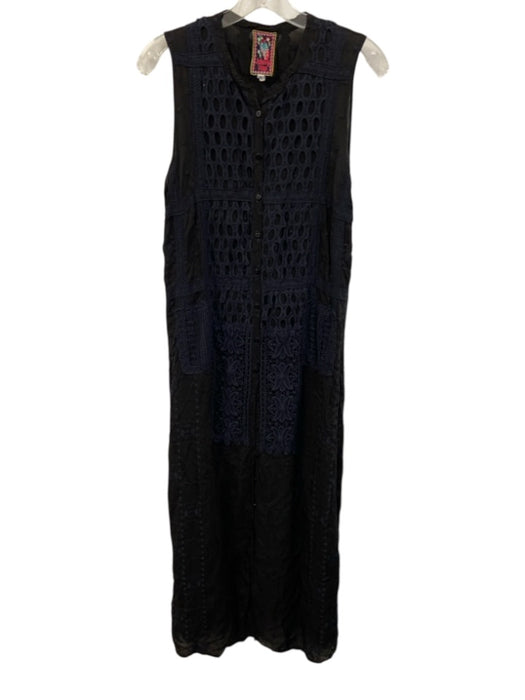 Johnny Was Size M Black & Navy Blue Cupra Rayon Lace Overlay Button Down Dress Black & Navy Blue / M