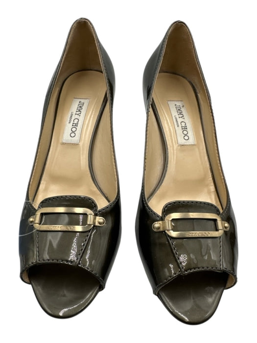 Jimmy Choo Shoe Size 40 Dark Green Patent Leather Buckle Mid Heel Peep Toe Pumps Dark Green / 40