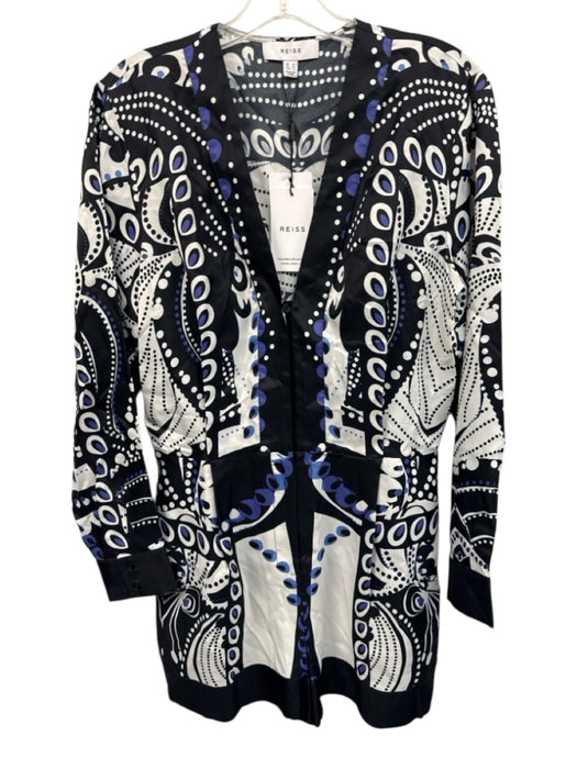 Reiss Size 6 BLack, White, Blue Viscose Abstract Button Front Long Sleeve Romper BLack, White, Blue / 6