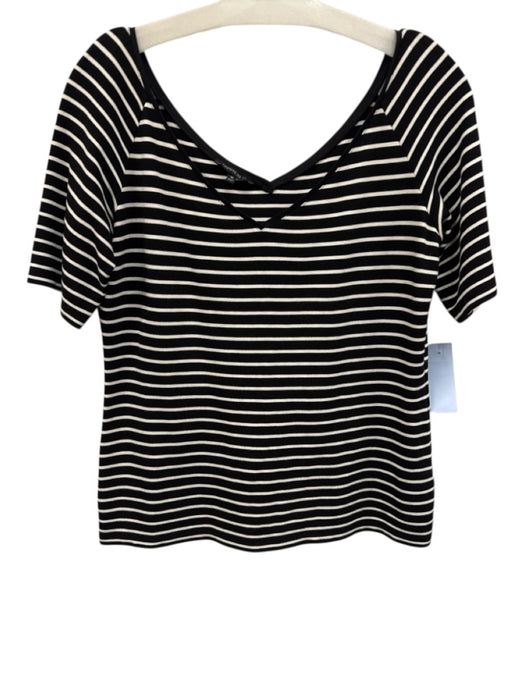 Lafayette 148 Size M Black & White Viscose Blend Stripe V Neck Short Sleeve Top Black & White / M