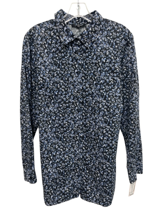 Lafayette 148 Size L Black, Blue & White Cotton Collar Neck Button Down Top Black, Blue & White / L