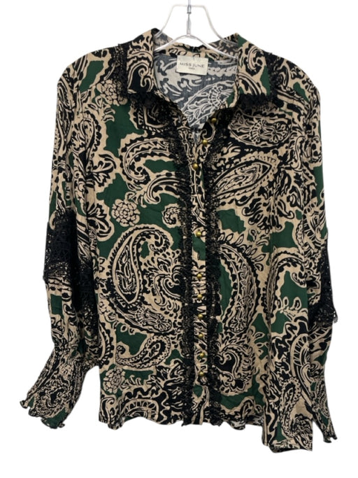Miss June Paris Size P Black, Green, & Beige Viscose & Rayon Collar Neck Top Black, Green, & Beige / P