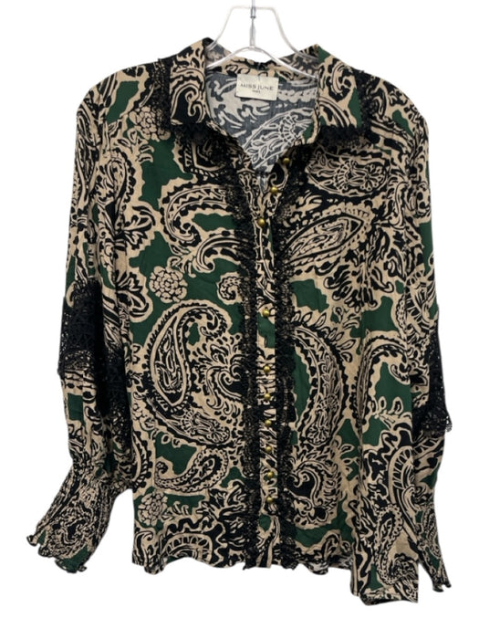 Miss June Paris Size P Black, Green, & Beige Viscose & Rayon Collar Neck Top Black, Green, & Beige / P