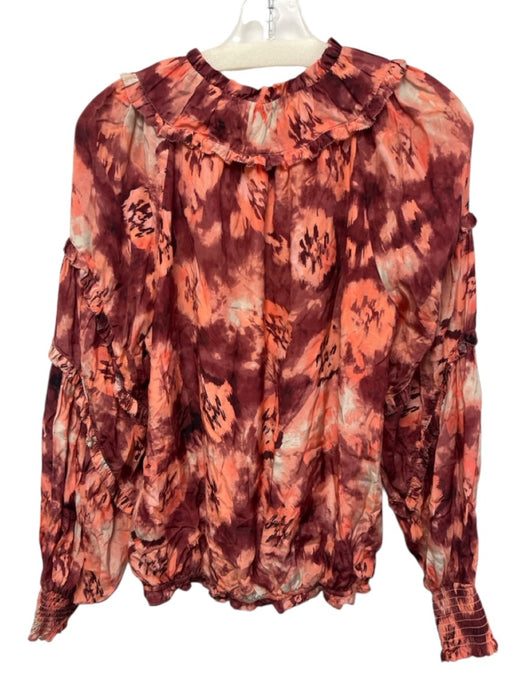 Ramy Brook Size S/P Maroon & Pink Polyester & Viscose Ruffle V Neck Top Maroon & Pink / S/P