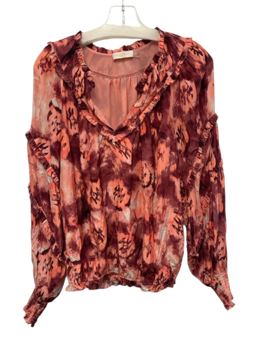 Ramy Brook Size S/P Maroon & Pink Polyester & Viscose Ruffle V Neck Top Maroon & Pink / S/P