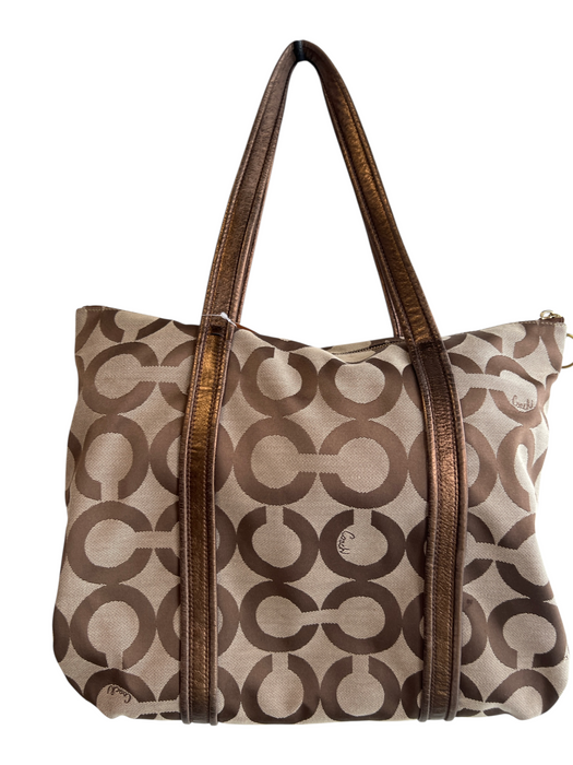 Coach Poppy Brown Canvas Gold hardware Logo Top Handle Zip Pocket Bag Brown / L