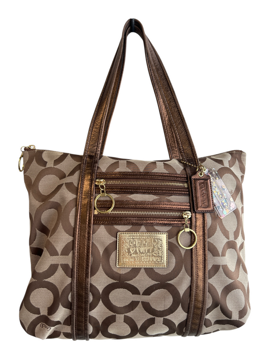 Coach Poppy Brown Canvas Gold hardware Logo Top Handle Zip Pocket Bag Brown / L