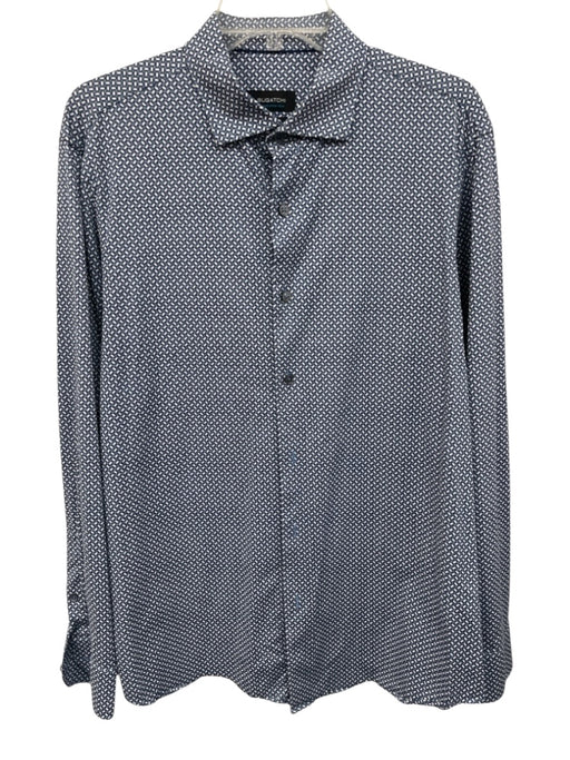 Bugatchi Size L Blue & White Synthetic Abstract Button Up Long Sleeve Shirt Blue & White / L