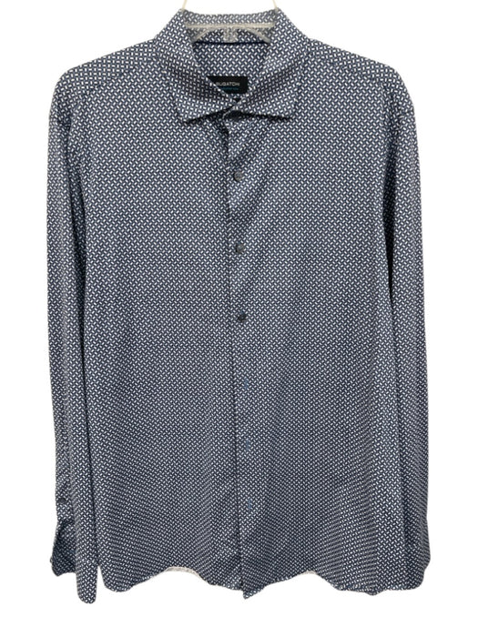 Bugatchi Size L Blue & White Synthetic Abstract Button Up Long Sleeve Shirt Blue & White / L