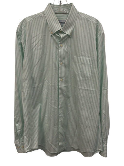 Peter Millar Size L Green & White Cotton Striped Button Up Long Sleeve Shirt Green & White / L