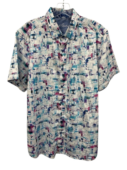 Robert Graham Size XL White & Blue Cotton Blend Abstract Button Up Short Sleeve White & Blue / XL
