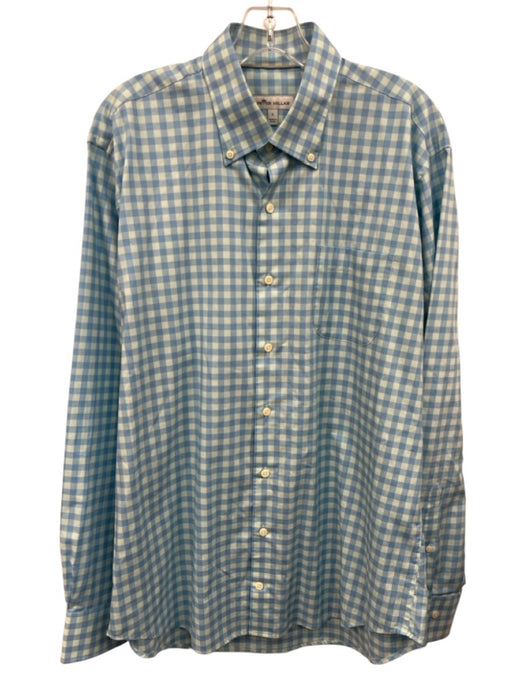 Peter Millar Size L Blue & Light Blue Cotton Plaid Button Up Long Sleeve Shirt Blue & Light Blue / L