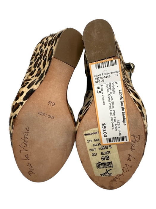 Pour la Victoire Shoe Size 6.5 Beige, Brown, Black Pony Hair Ankle Buckle Wedges Beige, Brown, Black / 6.5