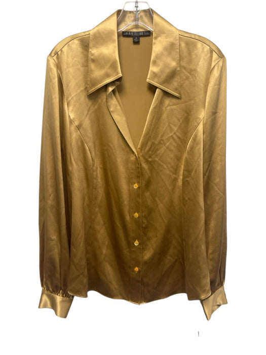 Lafayette 148 Size 12 Gold Silk Satin Long Sleeve Button Up & Collar Paneled Top Gold / 12