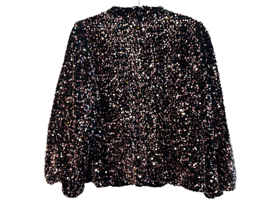 Nanette Lepore Size L Black Polyester High Neck Long Sleeve Back Zip Sequins Top Black / L