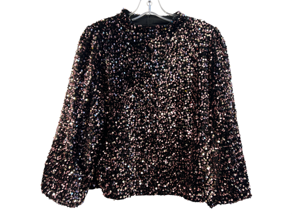 Nanette Lepore Size L Black Polyester High Neck Long Sleeve Back Zip Sequins Top Black / L