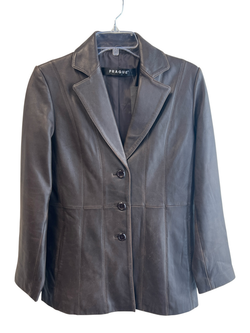 Prague Size S Brown Leather Logo Collar Seam Detail Button Front Jacket Brown / S