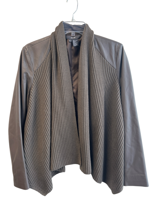 Per Se Size 10 Brown Leather Long Sleeve Knit Detail Lined Open Front Jacket Brown / 10