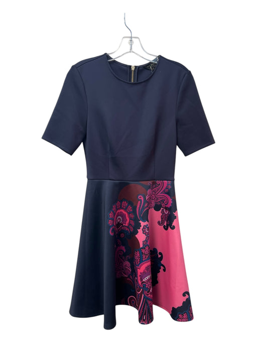 Ted Baker Size 1 Navy & Fuschia Polyester Blend Round Neck Short Sleeve Dress Navy & Fuschia / 1