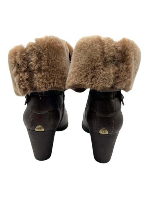 Ugg Shoe Size 8 Brown Leather Upper Shearling foldover Ankle Stacked Heel Boots Brown / 8