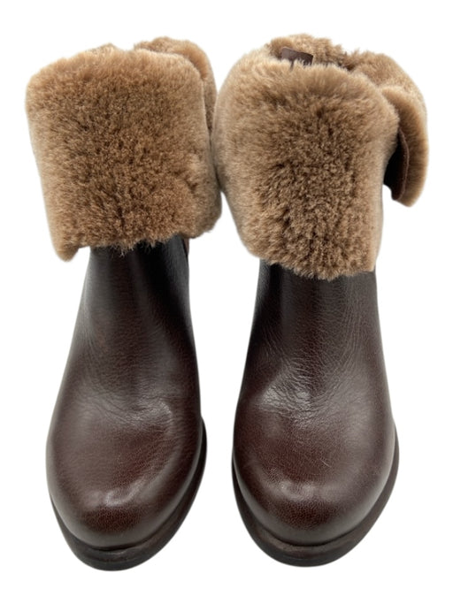 Ugg Shoe Size 8 Brown Leather Upper Shearling foldover Ankle Stacked Heel Boots Brown / 8